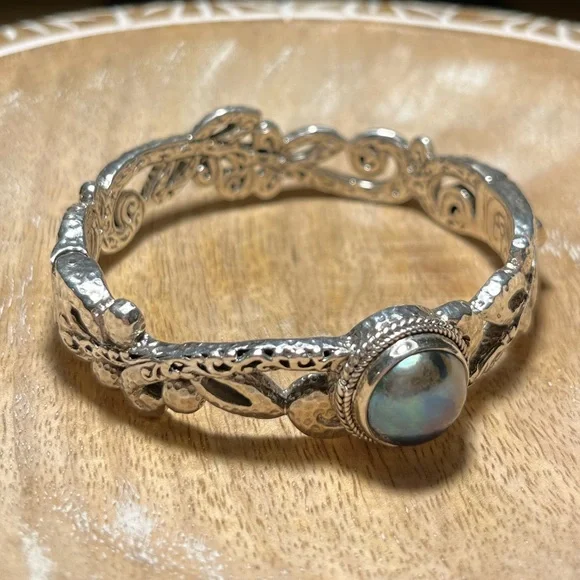 Sarda Blue Cultured Mabe Pearl Silver Tree Of Life Bangle Bracelet - Picture 5 of 16